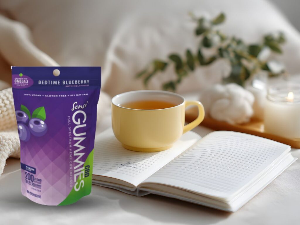Sensi Gummies Bedtime Blueberry cozy blanket with cup of tea